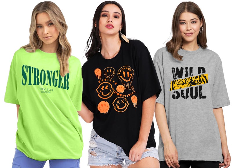 LEOTUDE Women's Cottonblend Oversized Round Neck T-Shirt (PO3_GRL49_COMB001_P_Neon Green_Medium) - Image 1
