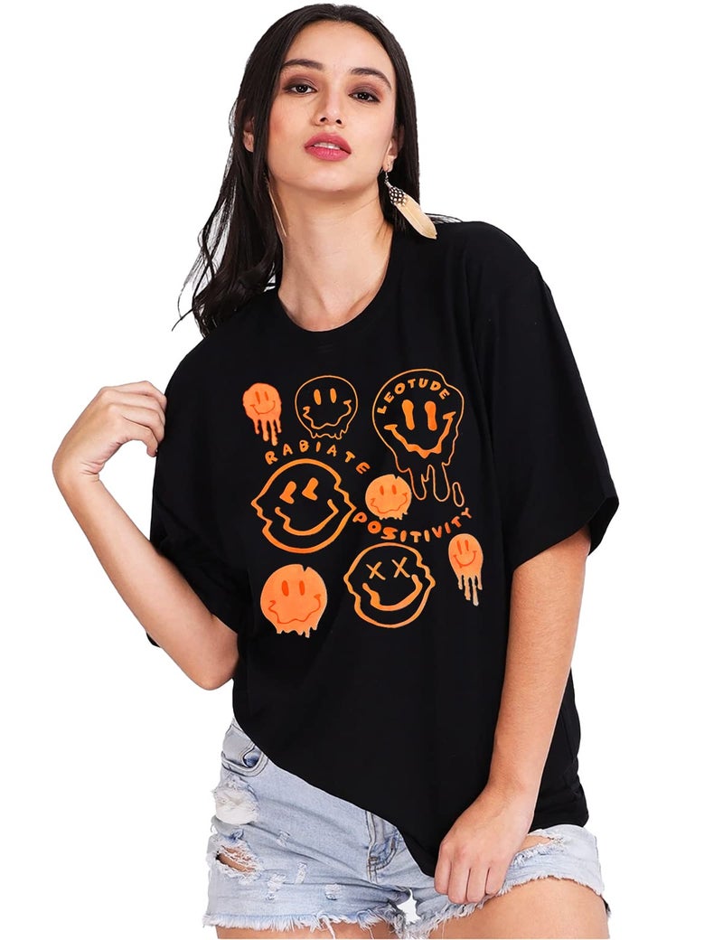 LEOTUDE Women's Cottonblend Oversized Round Neck T-Shirt (PO3_GRL49_COMB001_P_Neon Green_Medium) - Image 2