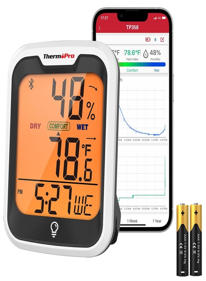 ThermoPro TP358 Bluetooth Thermometer for Room Temperature with Built-in Clock, Smart Temperature Sensor and Humidity Meter with Backlit, 260Ft Hygrometer Indoor Thermometer for Home Greenhouse - Image 1