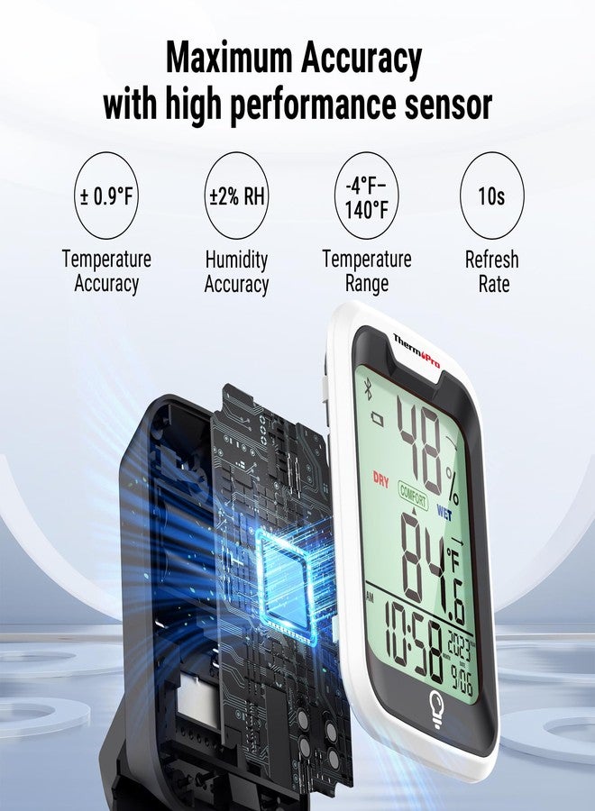 ThermoPro TP358 Bluetooth Thermometer for Room Temperature with Built-in Clock, Smart Temperature Sensor and Humidity Meter with Backlit, 260Ft Hygrometer Indoor Thermometer for Home Greenhouse - Image 2