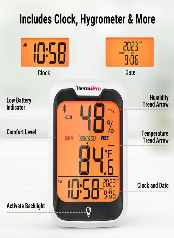 ThermoPro TP358 Bluetooth Thermometer for Room Temperature with Built-in Clock, Smart Temperature Sensor and Humidity Meter with Backlit, 260Ft Hygrometer Indoor Thermometer for Home Greenhouse - Image 5
