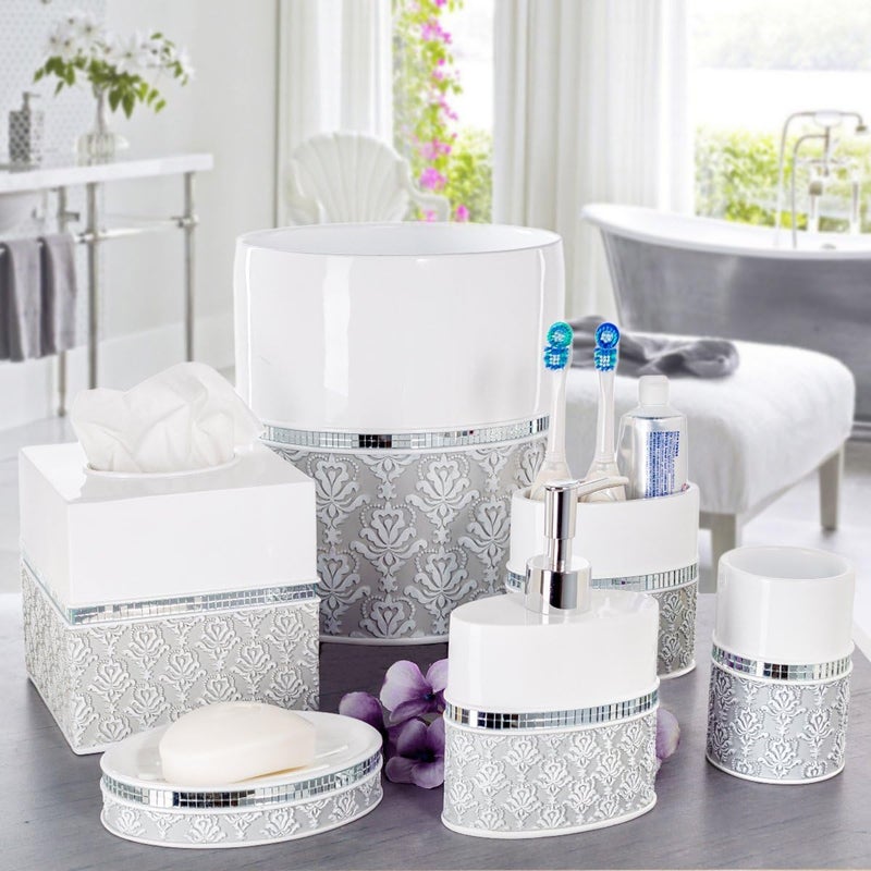 Creative Scents Mirror Damask Small Bathroom Trash Can 1.58 Gal / 6L - Decorative Oval White and Gray Waste Basket - Durable Bathroom Wastebasket - Waste Bin for Powder Room Or Bedroom - Image 2