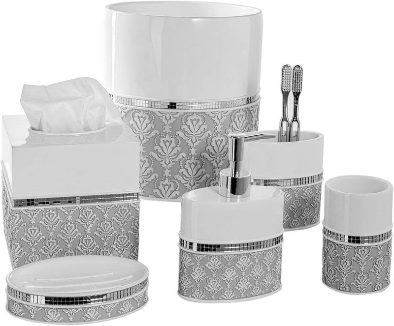 Creative Scents Mirror Damask Small Bathroom Trash Can 1.58 Gal / 6L - Decorative Oval White and Gray Waste Basket - Durable Bathroom Wastebasket - Waste Bin for Powder Room Or Bedroom - Image 3