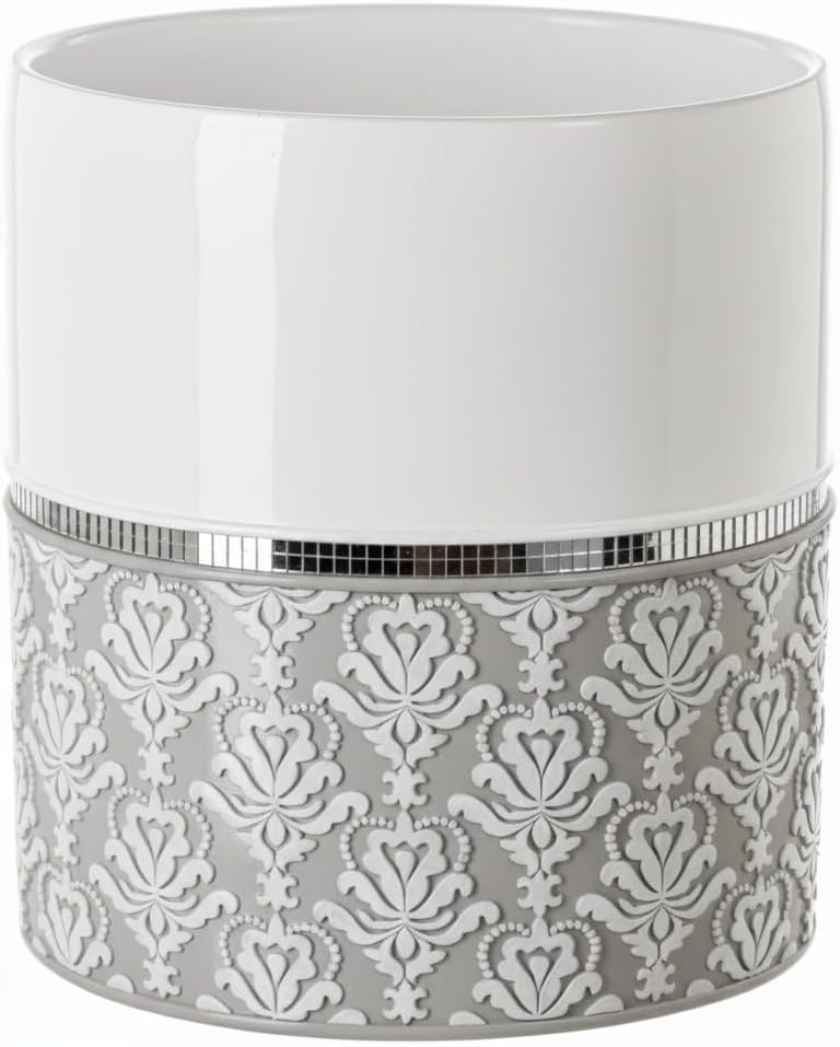 Creative Scents Mirror Damask Small Bathroom Trash Can 1.58 Gal / 6L - Decorative Oval White and Gray Waste Basket - Durable Bathroom Wastebasket - Waste Bin for Powder Room Or Bedroom - Image 1