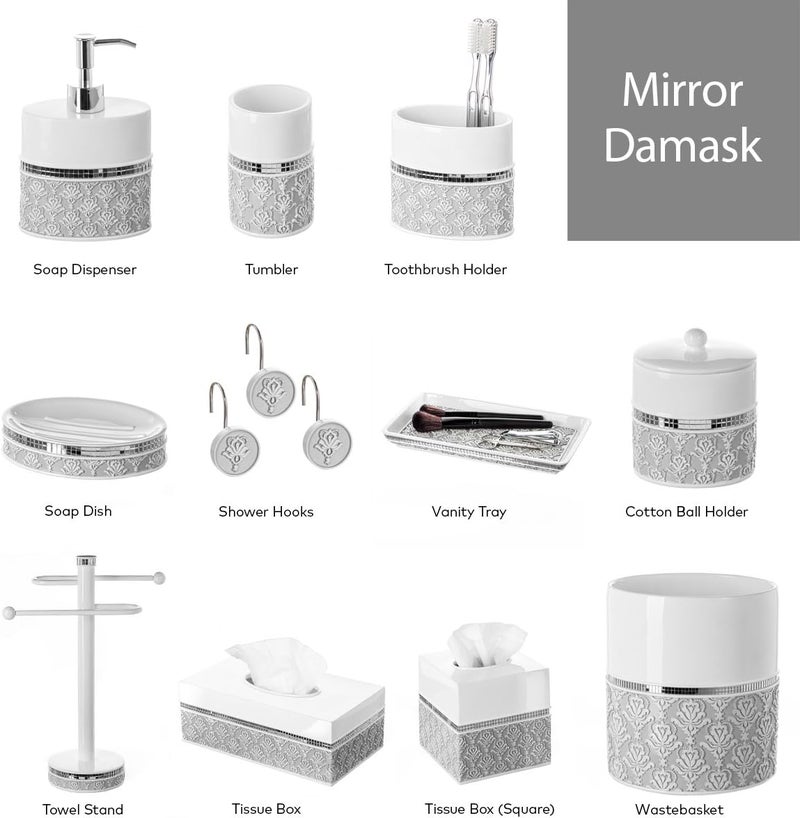 Creative Scents Mirror Damask Small Bathroom Trash Can 1.58 Gal / 6L - Decorative Oval White and Gray Waste Basket - Durable Bathroom Wastebasket - Waste Bin for Powder Room Or Bedroom - Image 5