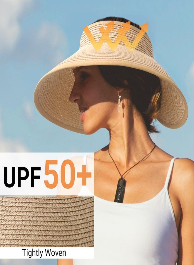 PFFY Sun Hats for Women Straw Beach Hat Packable Foldable Wide Brim Ponytail Travel Visor Khaki - Image 2