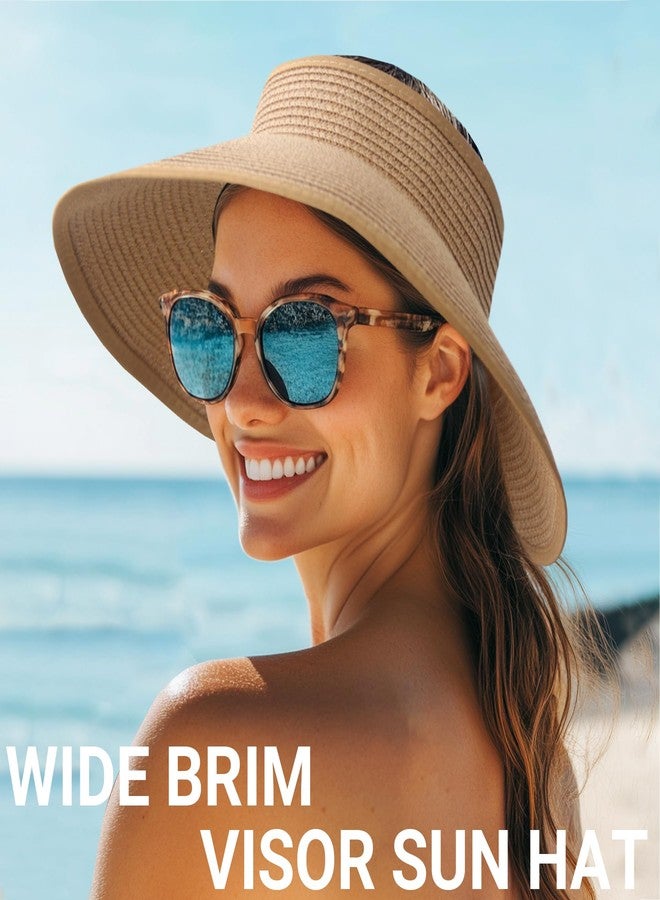 PFFY Sun Hats for Women Straw Beach Hat Packable Foldable Wide Brim Ponytail Travel Visor Khaki - Image 4