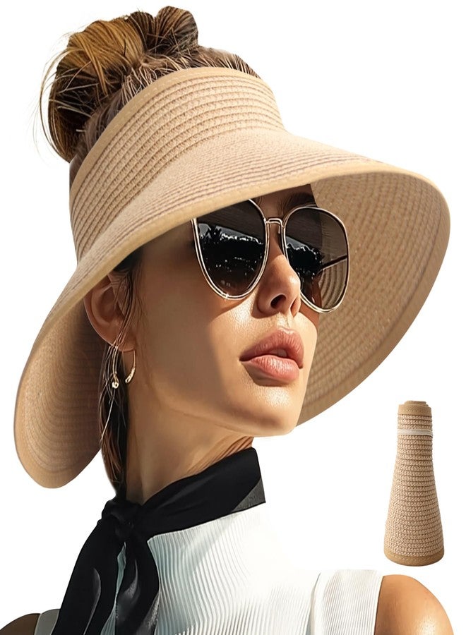 PFFY Sun Hats for Women Straw Beach Hat Packable Foldable Wide Brim Ponytail Travel Visor Khaki - Image 1