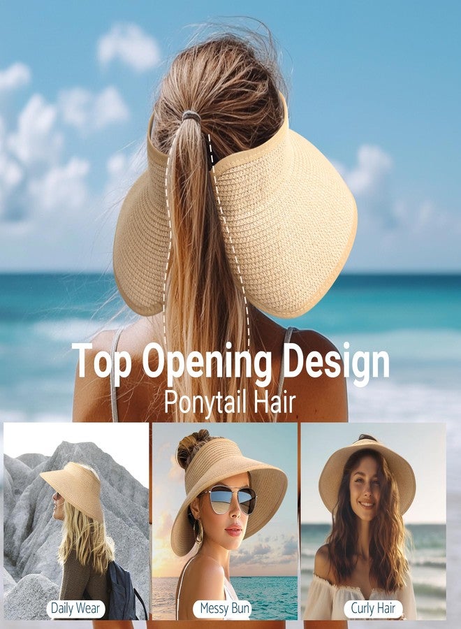 PFFY Sun Hats for Women Straw Beach Hat Packable Foldable Wide Brim Ponytail Travel Visor Khaki - Image 3