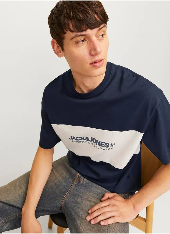 JACK & JONES Color Block Printed Crew Neck T-Shirt