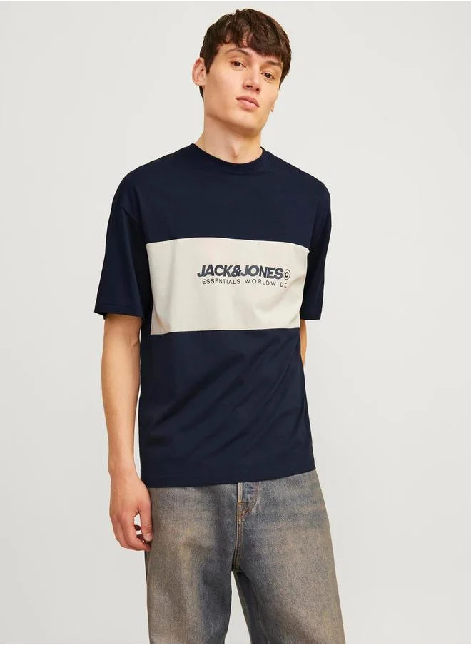 JACK & JONES Color Block Printed Crew Neck T-Shirt