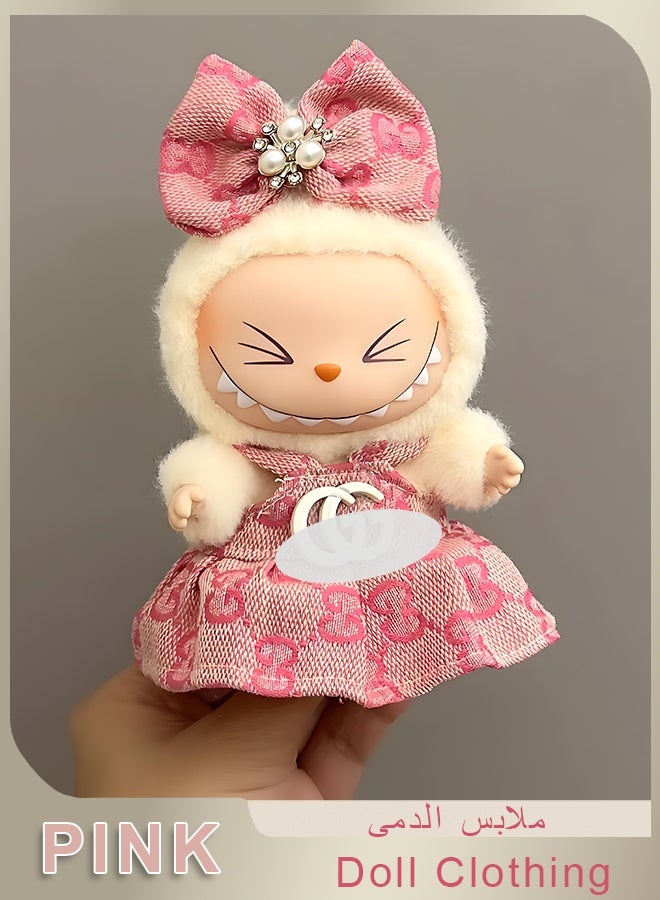 LABUBU Labubu Clothes - 3-Piece Labubu Clothing Set，17 Cm Labubu Original Doll Stylish And Chic Set - Pink Dress + apparel + Jewelry Bow Headdress  - Image 1