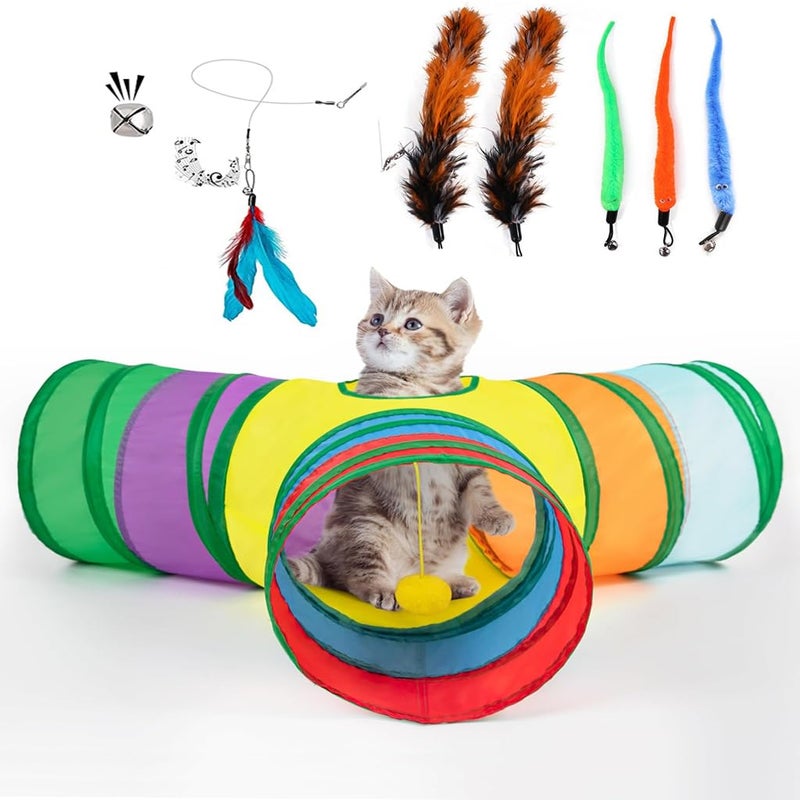 Qpets® ® Cat Toys Rainbow Tunnel Set - Interactive 11-Piece Cat Toy Bundle with Retractable Wand, Feather Worms & Bells for Active Play, Hunting Instinct Stimulation & Anxiety Relief - Image 1