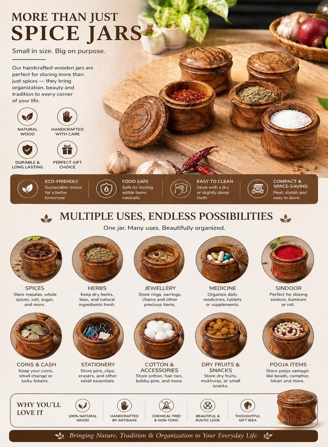 Duadecor مجموعة علب توابل خشبية من دواديكور، 4 علب ماسالا للمطبخ | علب ملح | حاويات توابل من خشب الأكاسيا مع غطاء | مجموعة صناديق تخزين ورفوف توابل ومنظمات توابل | طلاء آمن للطعام | أفضل هدية - Image 2