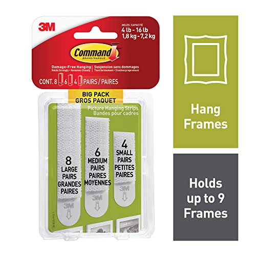 Command 3M Command Picture Hanging Strips Big Pack, Removable, (4) Small, (6) Medium, (8) Large, White, 18 Pairs/Pack - Image 2