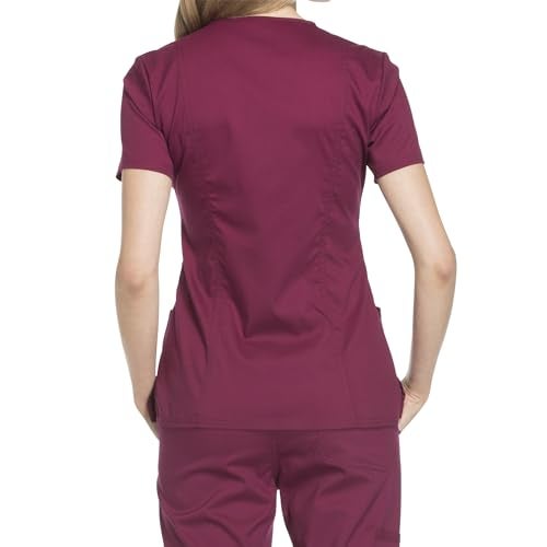 Cherokee Scrubs Top for Women Mock Wrap with 3 Pockets, Soft, 2-Way Stretch & Durable Fabric - WW610, M, Wine - Image 2