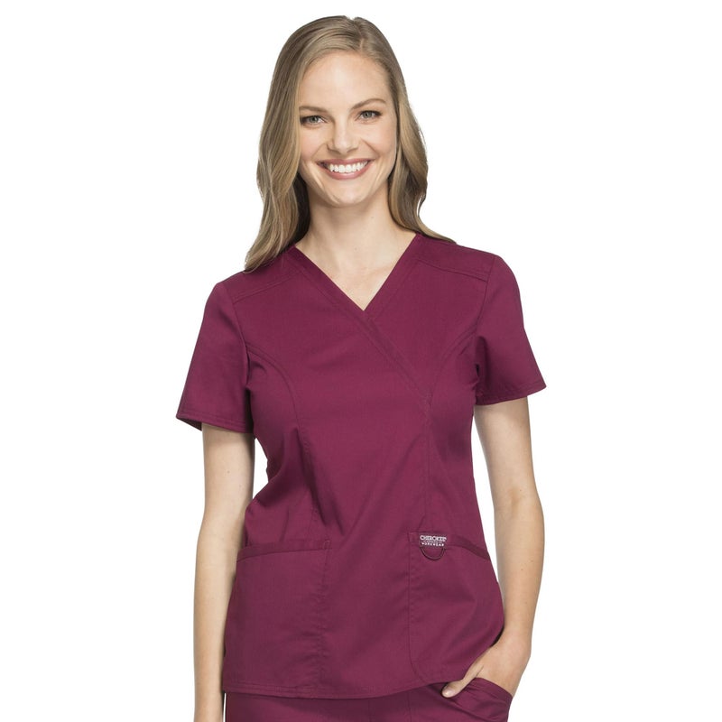 Cherokee Scrubs Top for Women Mock Wrap with 3 Pockets, Soft, 2-Way Stretch & Durable Fabric - WW610, M, Wine - Image 3