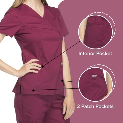 Cherokee Scrubs Top for Women Mock Wrap with 3 Pockets, Soft, 2-Way Stretch & Durable Fabric - WW610, M, Wine - Image 4