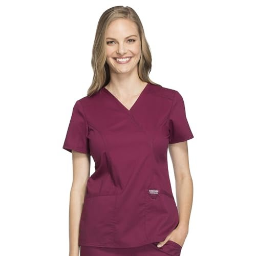 Cherokee Scrubs Top for Women Mock Wrap with 3 Pockets, Soft, 2-Way Stretch & Durable Fabric - WW610, M, Wine - Image 1