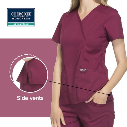 Cherokee Scrubs Top for Women Mock Wrap with 3 Pockets, Soft, 2-Way Stretch & Durable Fabric - WW610, M, Wine - Image 5