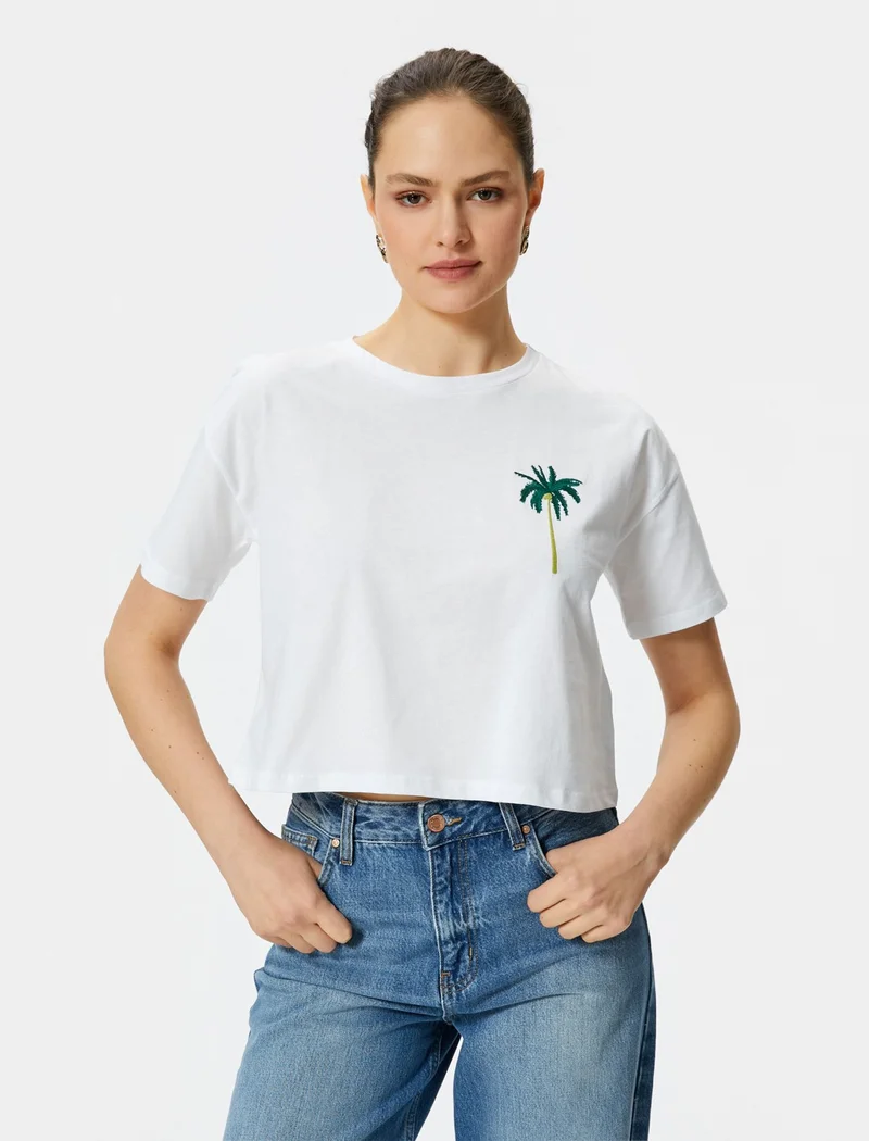 KOTON Cotton Crop T-Shirt Short Sleeve Crew Neck Embroidery Detail