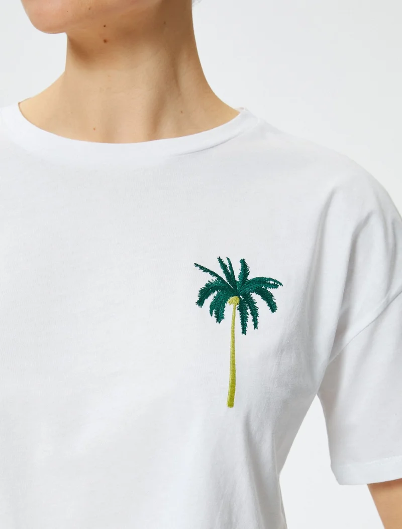 KOTON Cotton Crop T-Shirt Short Sleeve Crew Neck Embroidery Detail