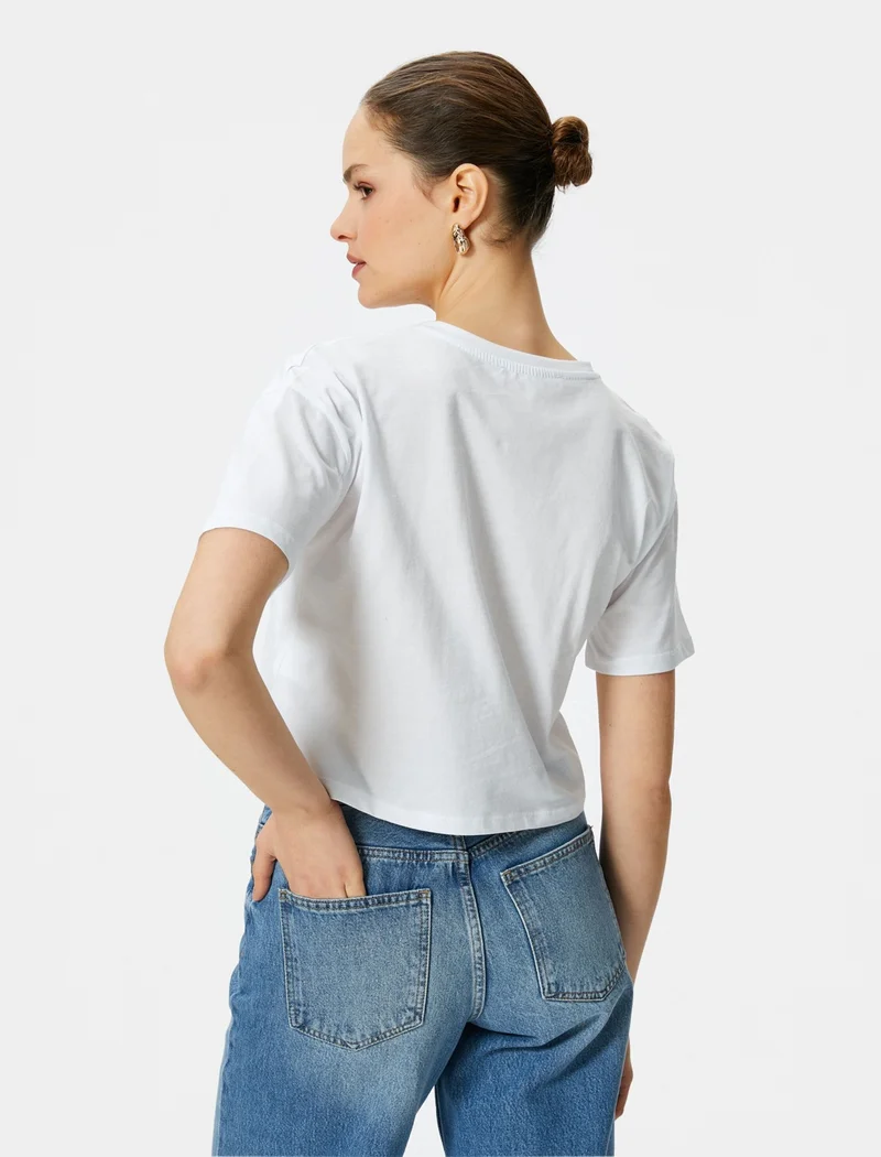 KOTON Cotton Crop T-Shirt Short Sleeve Crew Neck Embroidery Detail