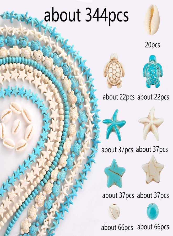 HERZWILD 344Pcs Turquoise Sea Turtle Beads Blue and White Starfish Beads Tortoise Turtle Charms Summer Beach Animal Spacer Bead Shell Bead for Jewelry Making DIY Bracelet Necklace (8 Strings) - Image 2