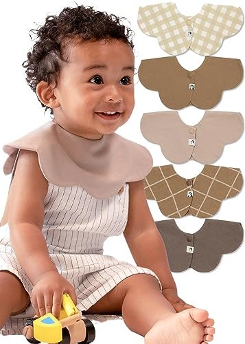 Konny Baby Bibs 5-Pack, 360 ​​° Rotate, New Year Gifts for Boys Girls baby Essentials(Set 3 - Beige, Mocha, Creamy Gingham, Brown Check, Caramel Brown) - Image 1