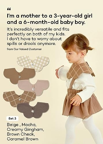 Konny Baby Bibs 5-Pack, 360 ​​° Rotate, New Year Gifts for Boys Girls baby Essentials(Set 3 - Beige, Mocha, Creamy Gingham, Brown Check, Caramel Brown) - Image 5