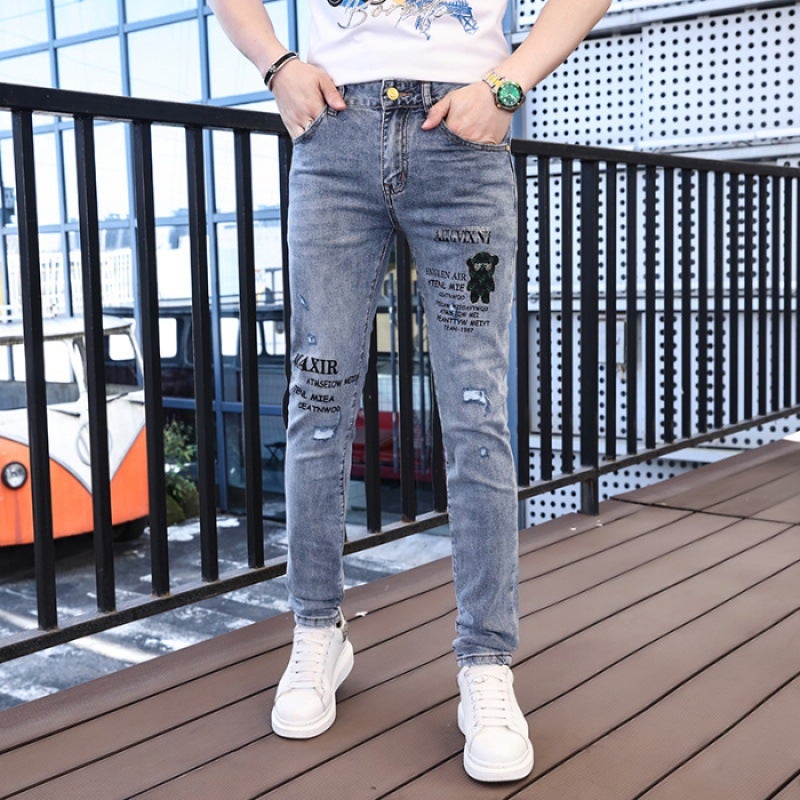 European Brand Embroidery Bear Jeans Mens Summer Thin Ripped Patch Slim Fit Stretchy Trendy Brand Casual Pants 839 blue 