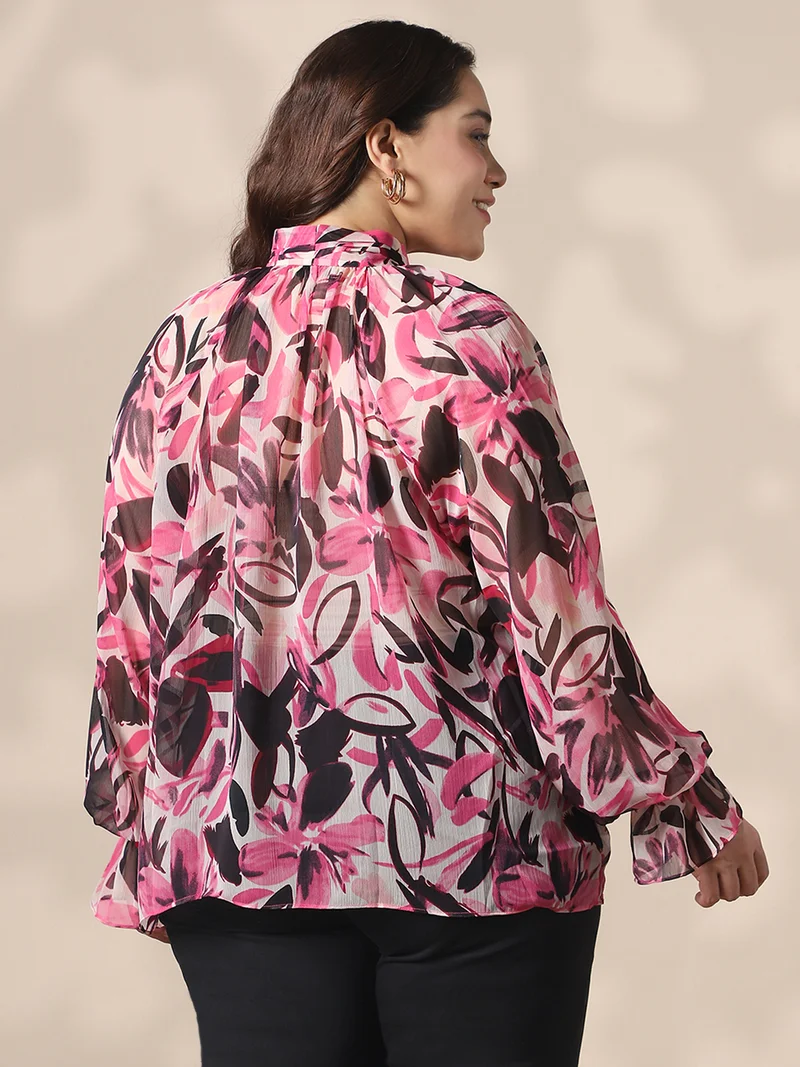 globus Globus Gloplus Women Pink Tie-Up Neck Raglan Sleeves Floral Print Georgette Plus Size Shirt Style Top
