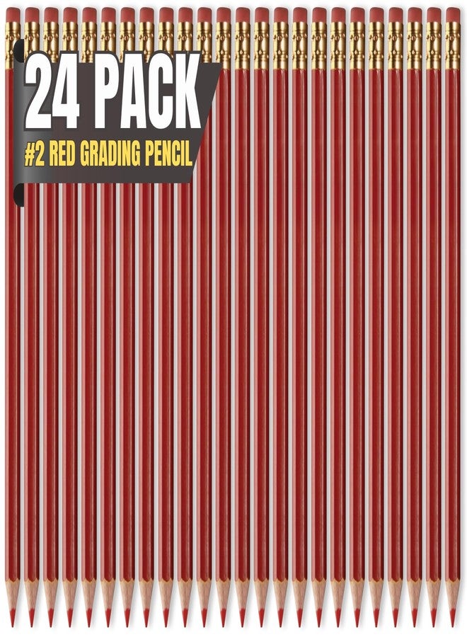 1InTheOffice Red Grading Pencils #2 Lead, Red Pre Sharpened Checking Pencils With Erser 24 Pack - Image 1