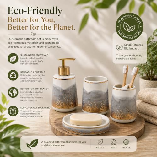 Whizzo® Ceramic Bathroom Accessories Set Ceramic - 4 Pieces Multicolor Bathroom Accessories Set Soap Dispenser, Toothbrush Holder, Tumbler, Soap Dish, The Best Gifting Choice (Grey. BS-821) - Image 5