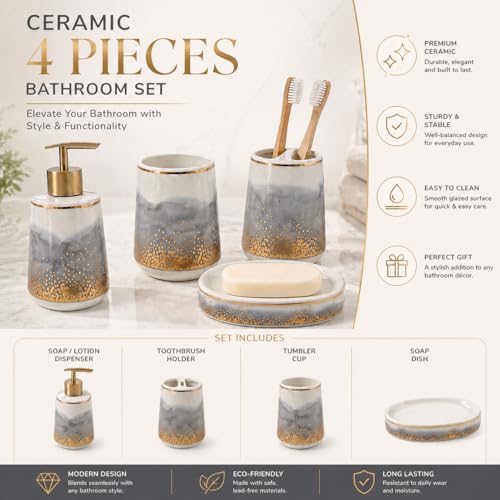 Whizzo® Ceramic Bathroom Accessories Set Ceramic - 4 Pieces Multicolor Bathroom Accessories Set Soap Dispenser, Toothbrush Holder, Tumbler, Soap Dish, The Best Gifting Choice (Grey. BS-821) - Image 2