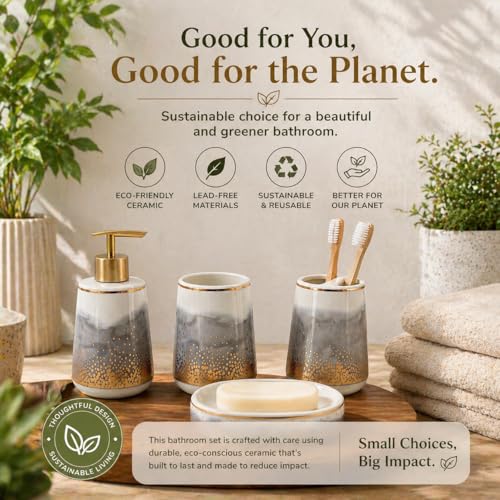 Whizzo® Ceramic Bathroom Accessories Set Ceramic - 4 Pieces Multicolor Bathroom Accessories Set Soap Dispenser, Toothbrush Holder, Tumbler, Soap Dish, The Best Gifting Choice (Grey. BS-821) - Image 4