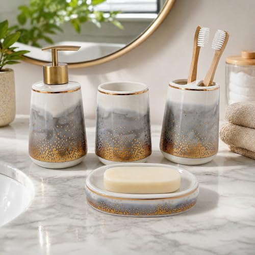 Whizzo® Ceramic Bathroom Accessories Set Ceramic - 4 Pieces Multicolor Bathroom Accessories Set Soap Dispenser, Toothbrush Holder, Tumbler, Soap Dish, The Best Gifting Choice (Grey. BS-821) - Image 1