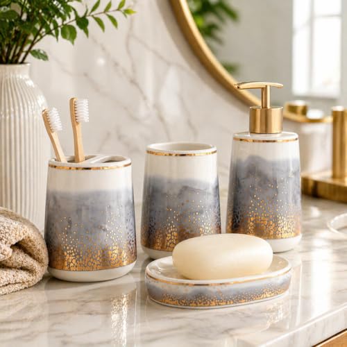 Whizzo® Ceramic Bathroom Accessories Set Ceramic - 4 Pieces Multicolor Bathroom Accessories Set Soap Dispenser, Toothbrush Holder, Tumbler, Soap Dish, The Best Gifting Choice (Grey. BS-821) - Image 3
