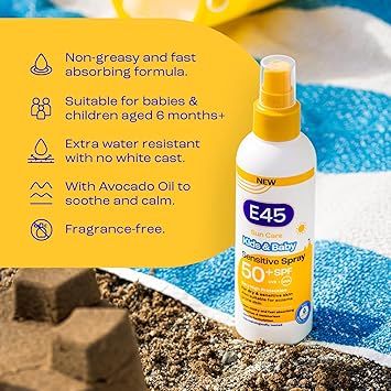 e45 E45 Kids and Baby Sunscreen SPF50 Spray for Face With Avocado Oil UVA and UVB Protection Dermatologically Tested and FragranceFree Suitable For Dry Sensitive and Eczema Prone Skin 180ml - Image 5
