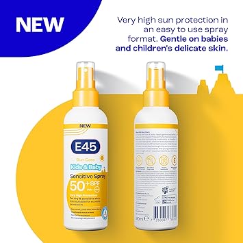 e45 E45 Kids and Baby Sunscreen SPF50 Spray for Face With Avocado Oil UVA and UVB Protection Dermatologically Tested and FragranceFree Suitable For Dry Sensitive and Eczema Prone Skin 180ml - Image 2