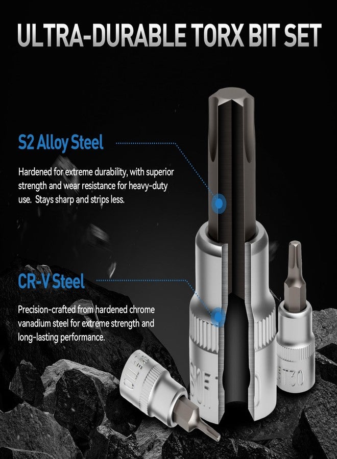 ديزن مجموعة مفاتيح توركس نجمية من ديسين مكونة من 34 قطعة، مقاس 3/8 بوصة، رؤوس نجمية ذكر وأنثى، E4-20، فولاذ S2، مثالية للسيارات والشاحنات والآلات وتحسين المنزل، مع علبة تخزين (أزرق). - Image 3