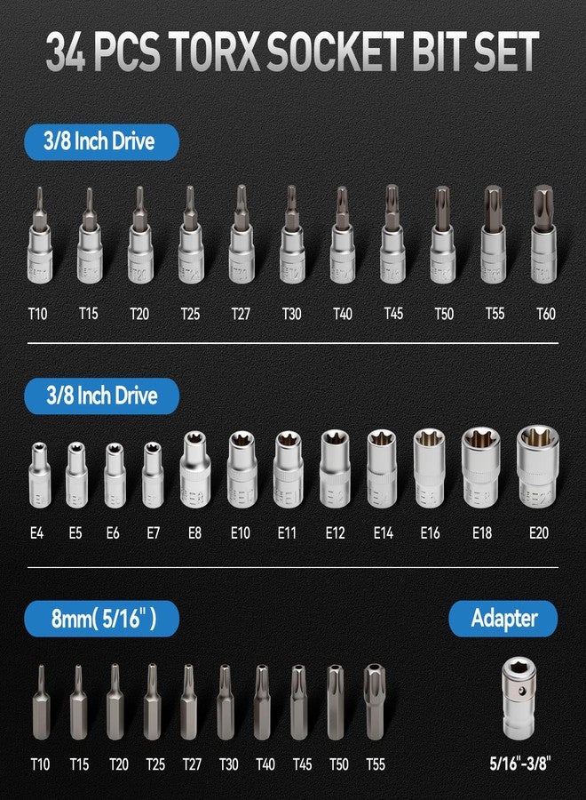 ديزن مجموعة مفاتيح توركس نجمية من ديسين مكونة من 34 قطعة، مقاس 3/8 بوصة، رؤوس نجمية ذكر وأنثى، E4-20، فولاذ S2، مثالية للسيارات والشاحنات والآلات وتحسين المنزل، مع علبة تخزين (أزرق). - Image 2