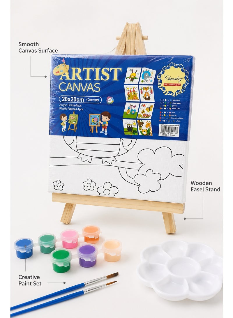 Small 20 × 20 cm Artist Canvas Painting Set for Kids with Mini Wooden Easel, 6 Acrylic Colors, Paintbrush and Plastic Palette, DIY Creative Art Activity Kit - Image 4