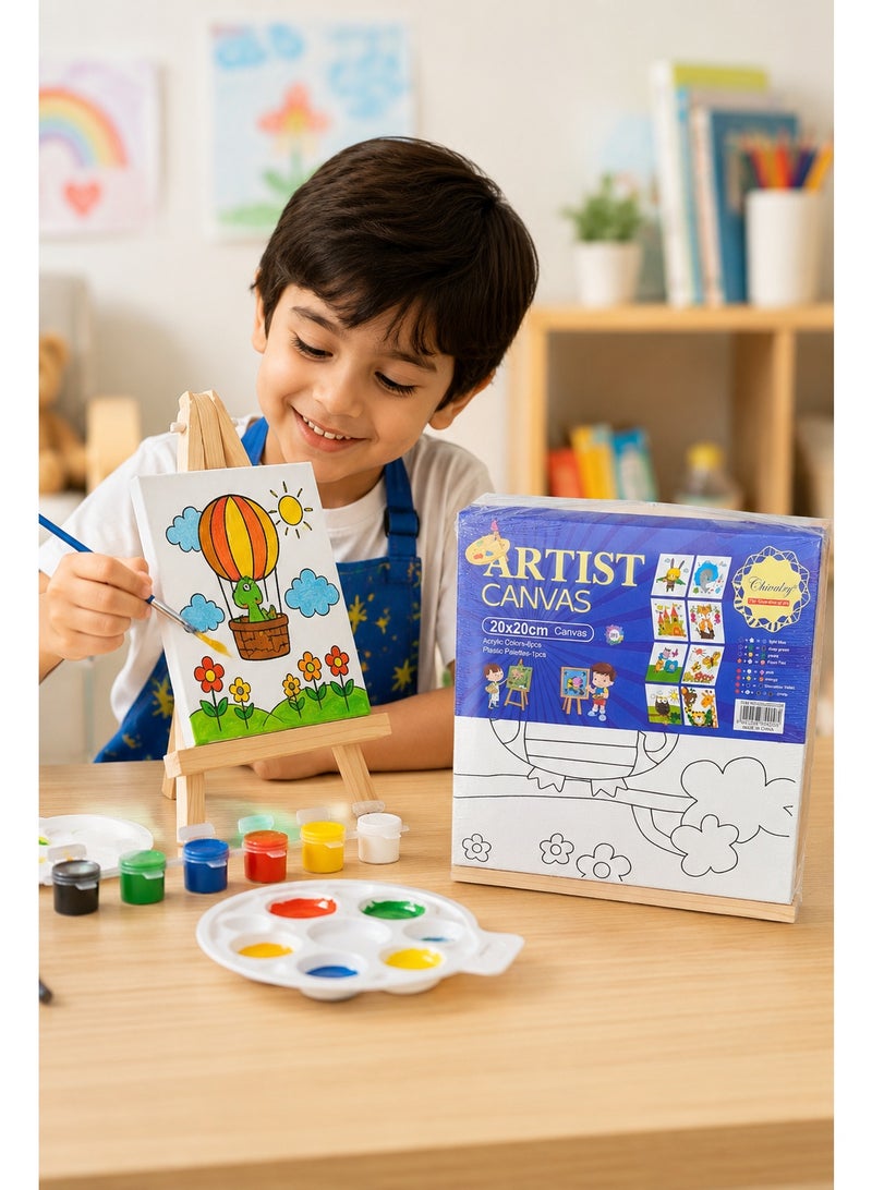 Small 20 × 20 cm Artist Canvas Painting Set for Kids with Mini Wooden Easel, 6 Acrylic Colors, Paintbrush and Plastic Palette, DIY Creative Art Activity Kit - Image 5