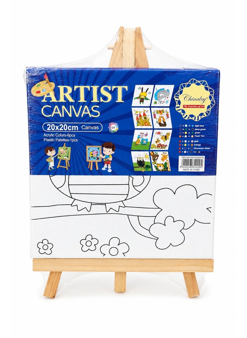 Small 20 × 20 cm Artist Canvas Painting Set for Kids with Mini Wooden Easel, 6 Acrylic Colors, Paintbrush and Plastic Palette, DIY Creative Art Activity Kit - Image 1