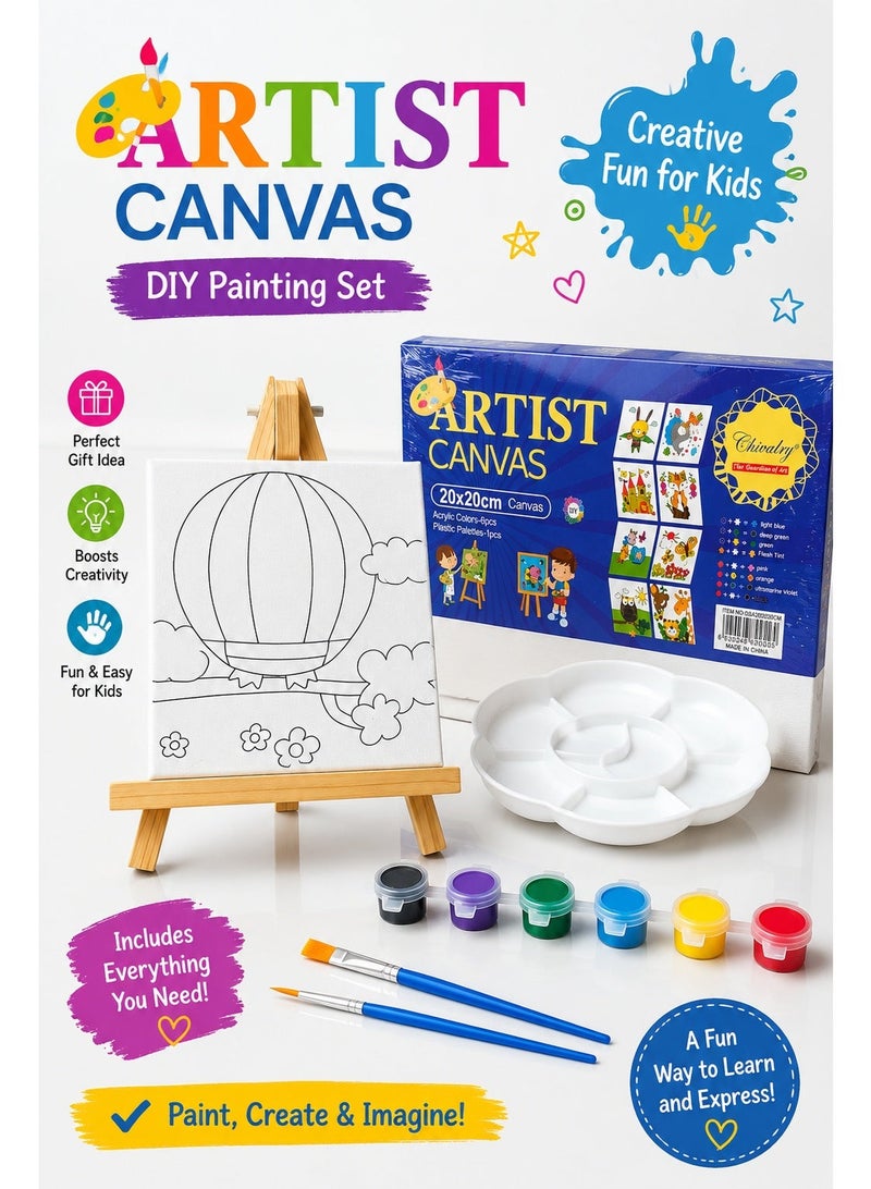 Small 20 × 20 cm Artist Canvas Painting Set for Kids with Mini Wooden Easel, 6 Acrylic Colors, Paintbrush and Plastic Palette, DIY Creative Art Activity Kit - Image 2