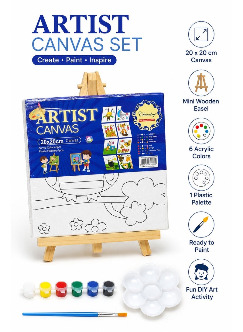 Small 20 × 20 cm Artist Canvas Painting Set for Kids with Mini Wooden Easel, 6 Acrylic Colors, Paintbrush and Plastic Palette, DIY Creative Art Activity Kit - Image 3