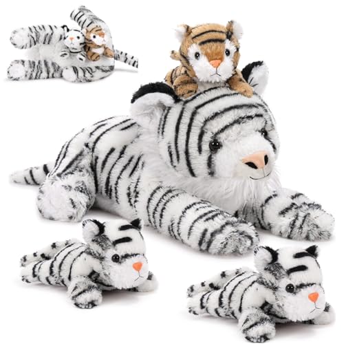 MaoGoLan White Tiger Stuffed Animal with 3 Babies 177 Inch Mommy Tiger Plush Set Soft Stuffed Tiger Family Toys for Cuddling Decor Christmas Birthday Gifts for Kids Boys Girls - Image 1