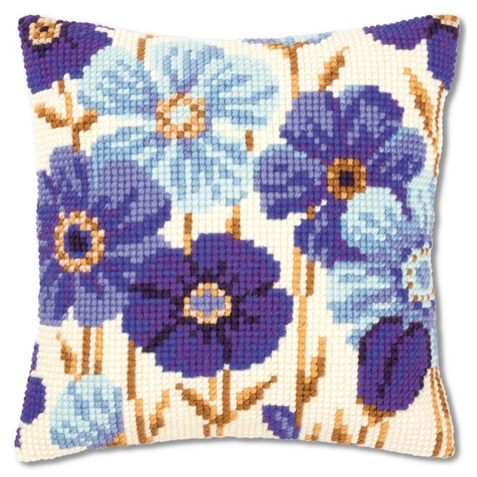 BLUE FLOWERS CROSS STITCH CUSHION MULTICOLOUR