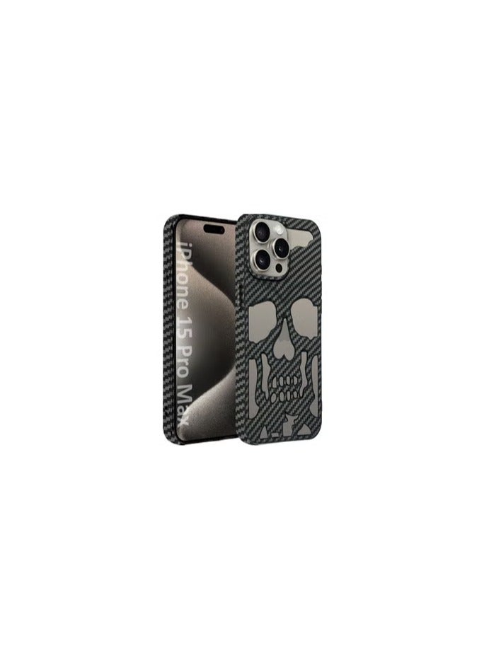 CATANES iPhone 15 Pro Max Case Cover Soft TPU and Glossy with Skull Design - Carbon Fiber - Image 1